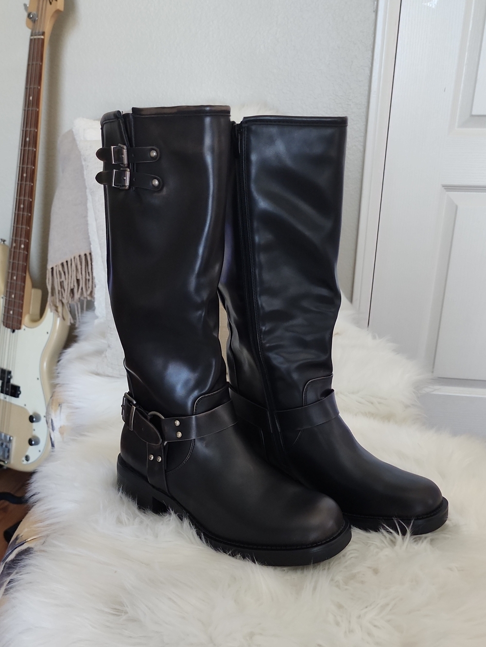 Dream Pairs Black/ Brown Tall Buckle Motorcycle Boots